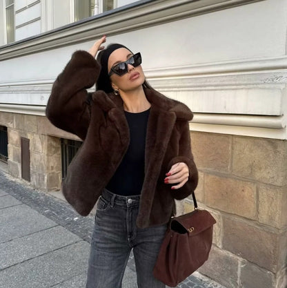 Braune Faux-Fur-Mantel mit Kragen