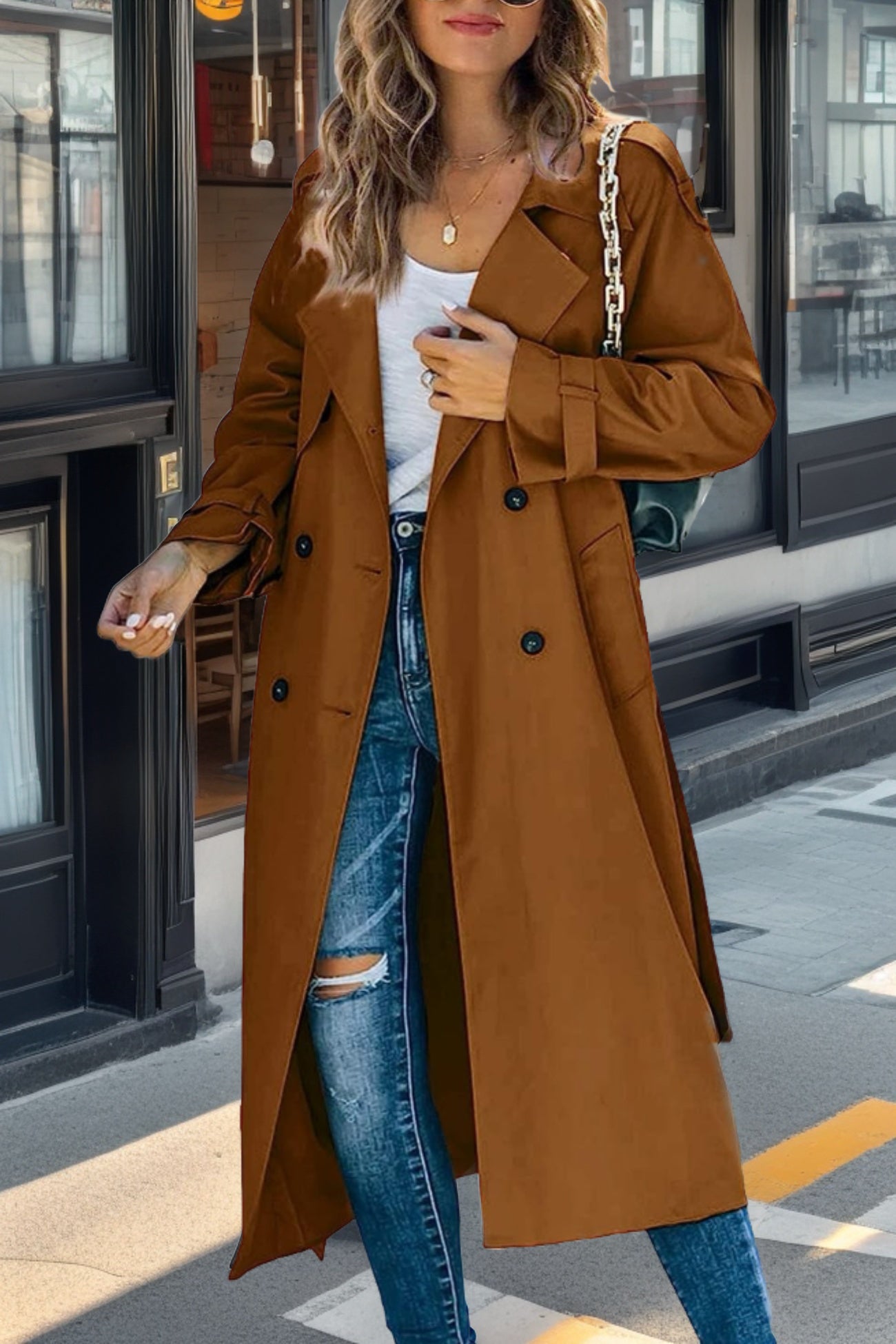 Langer Damen Trenchcoat mit Doppelknopf Modern