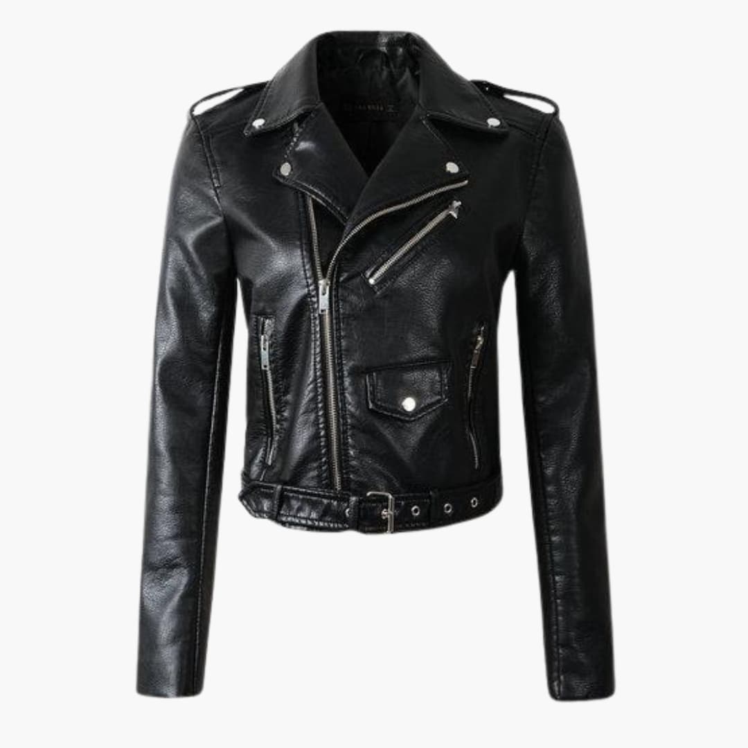Damen-Bikerjacke mit Reverskragen und Gürtel am Saum 0