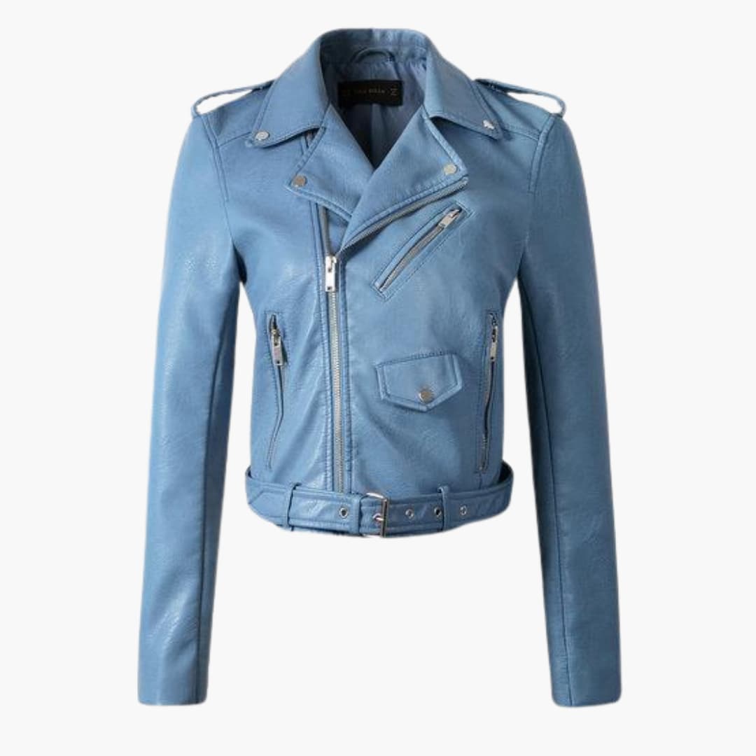 Damen-Bikerjacke mit Reverskragen und Gürtel am Saum 1