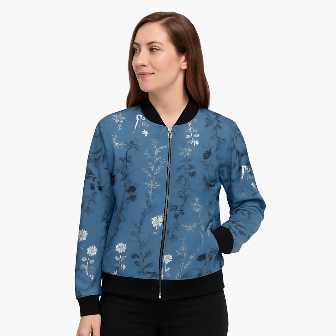 Damen-Bomberjacke mit Blumenmuster und Reißverschluss 0