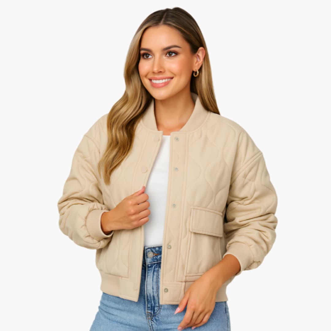 Damen-Bomberjacke mit Rippbündchen und Druckknopfverschluss 0