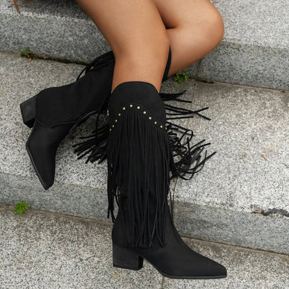 Kniehohe Cowboystiefel Rutschfest Spitze Heidi Stil