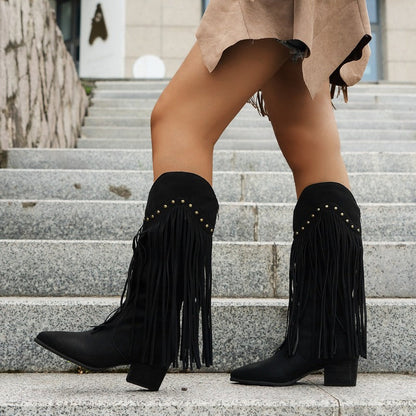 Kniehohe Cowboystiefel Rutschfest Spitze Heidi Stil