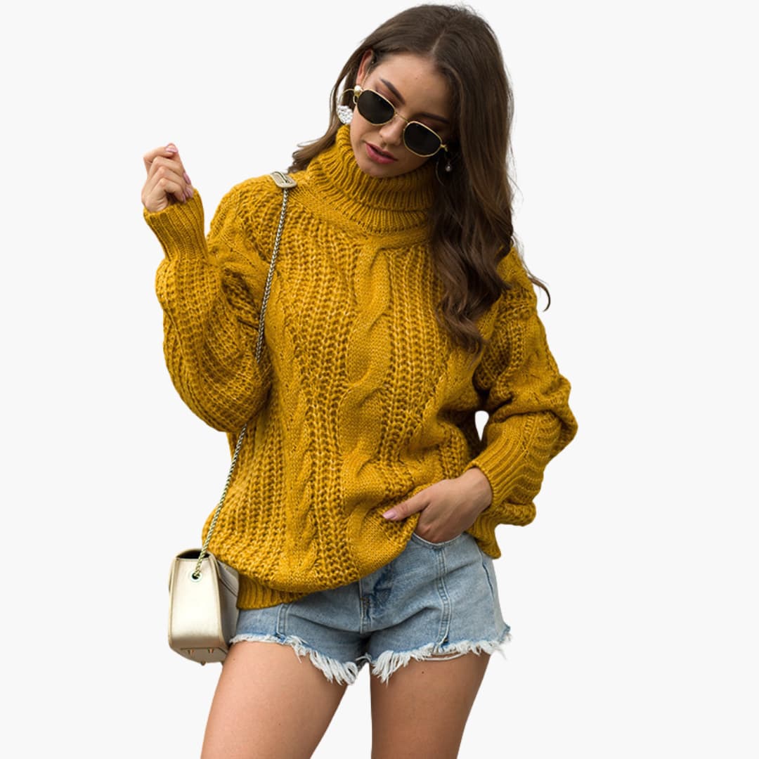 Damen-Strickpullover mit Rollkragen und Zopfmuster-Oberfläche 1