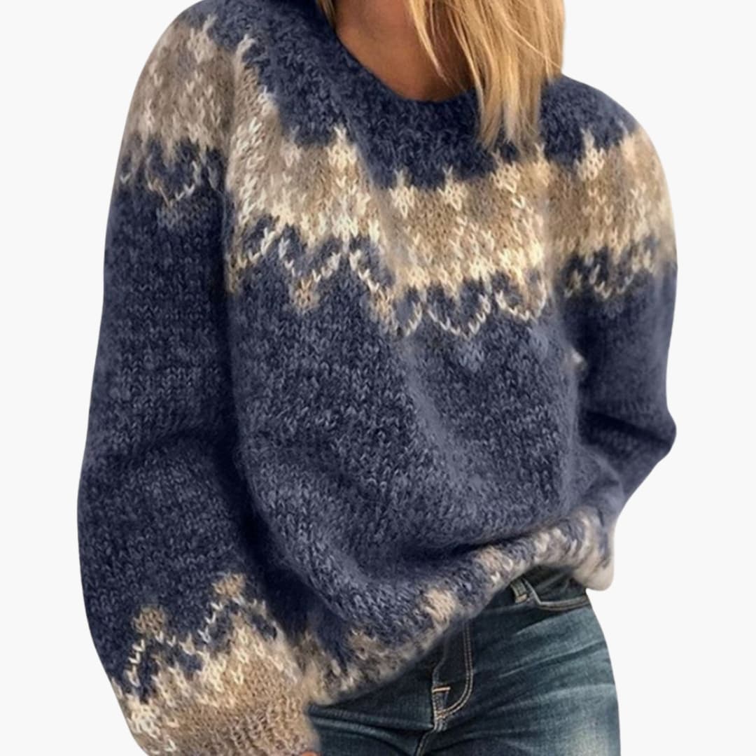 Damen-Strickpullover mit Rundhalsausschnitt und gemusterter Oberfläche 1
