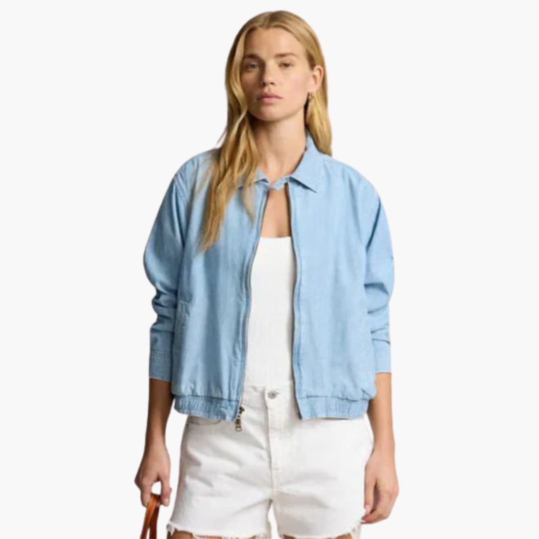 Damen Bomber jacke in Hellblau mit Frontreißverschluss und Kragen 0