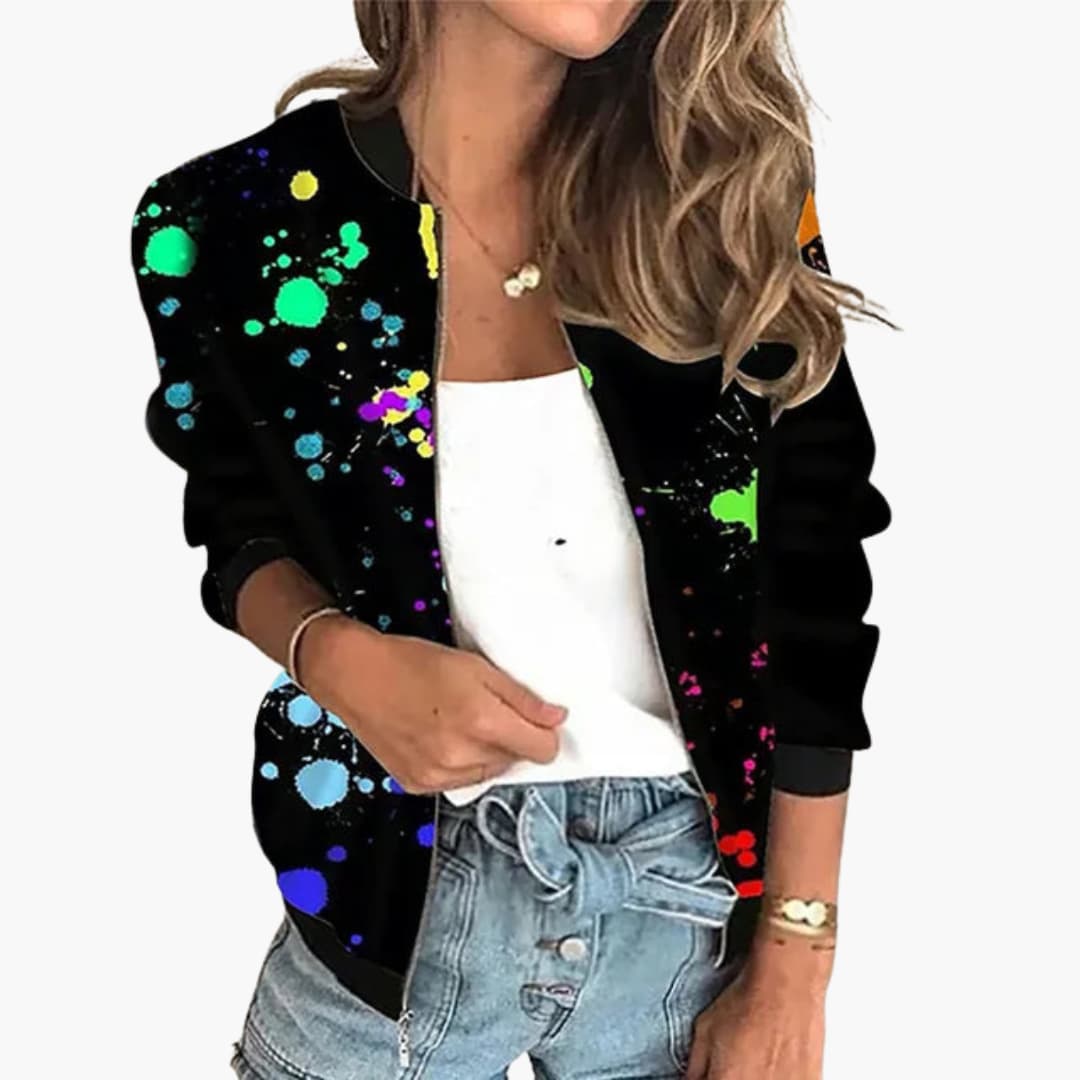Damen Bomberjacke mit Frontreißverschluss und bedruckter Oberfläche 0