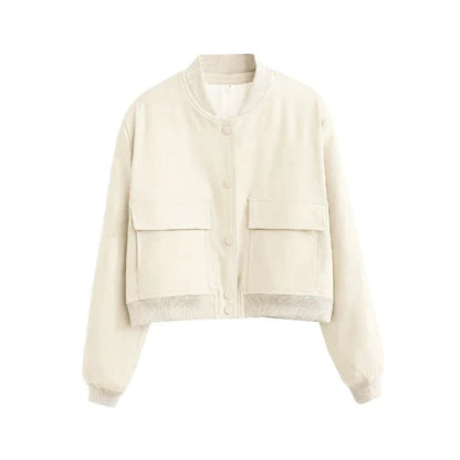 Damen Cropped Jacke mit Druckknöpfen und Klappentaschen 0