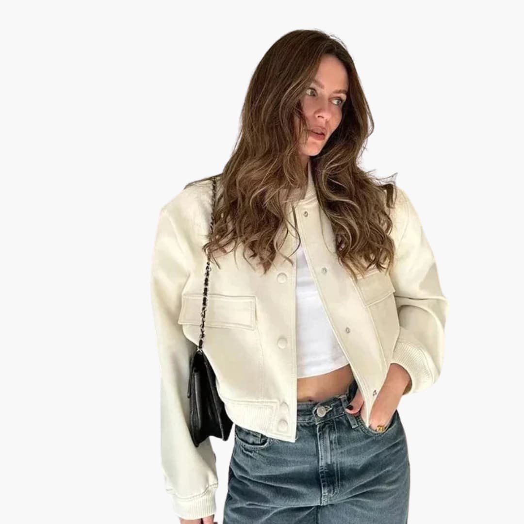 Damen Cropped Jacke mit Druckknöpfen und Klappentaschen 1