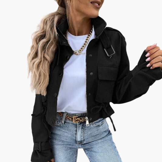 Damen Cropped Jacke mit Klappentaschen und Reißverschluss 0