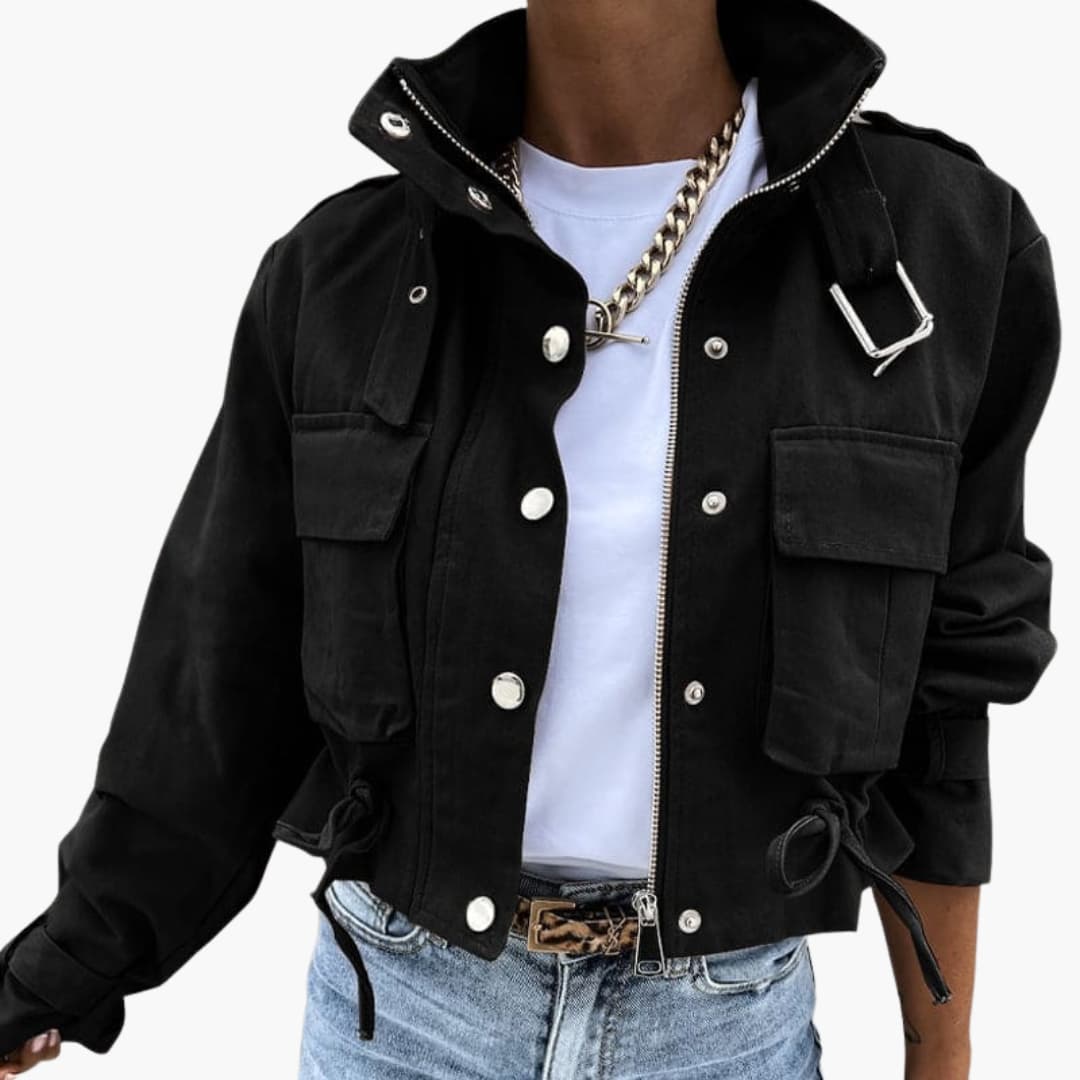 Damen Cropped Jacke mit Klappentaschen und Reißverschluss 1