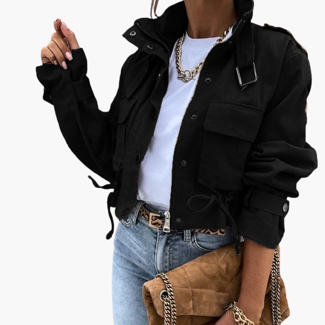 Damen Cropped Jacke mit Klappentaschen und Reißverschluss 2