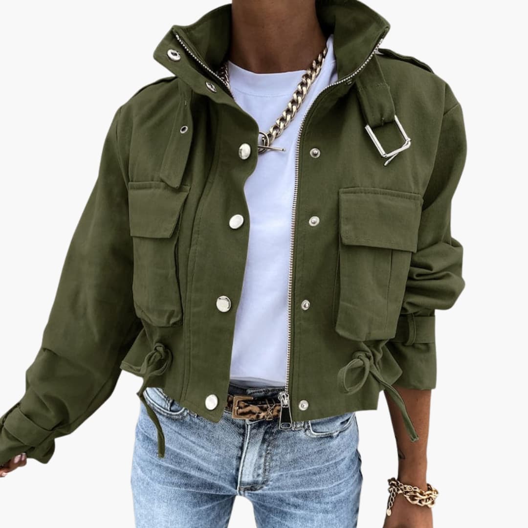 Damen Cropped Jacke mit Klappentaschen und Reißverschluss 4