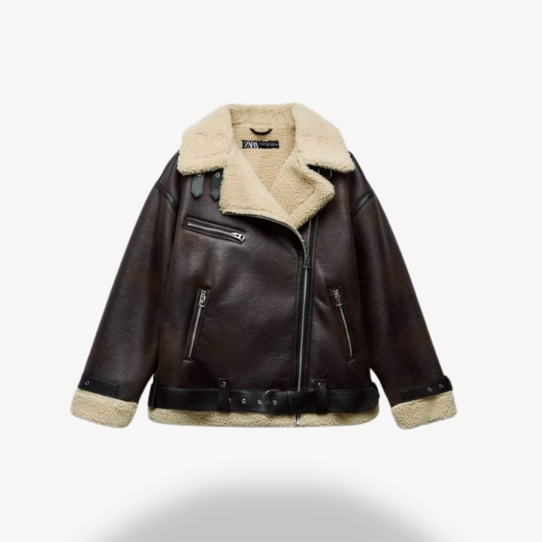 Damen Fliegerjacke aus Lammfellimitat in Braun | Loravelle 0