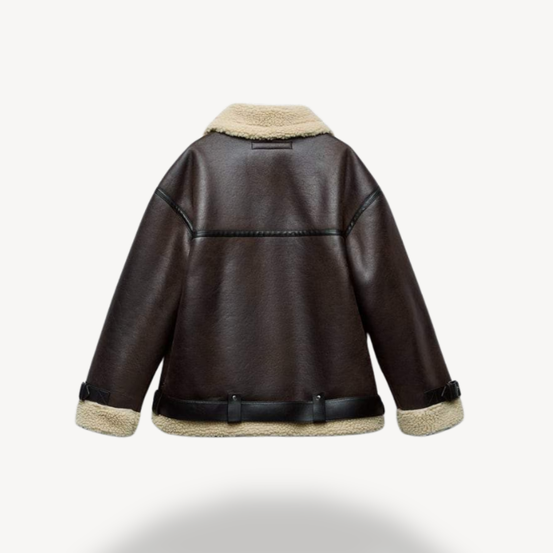 Damen Fliegerjacke aus Lammfellimitat in Braun | Loravelle 1