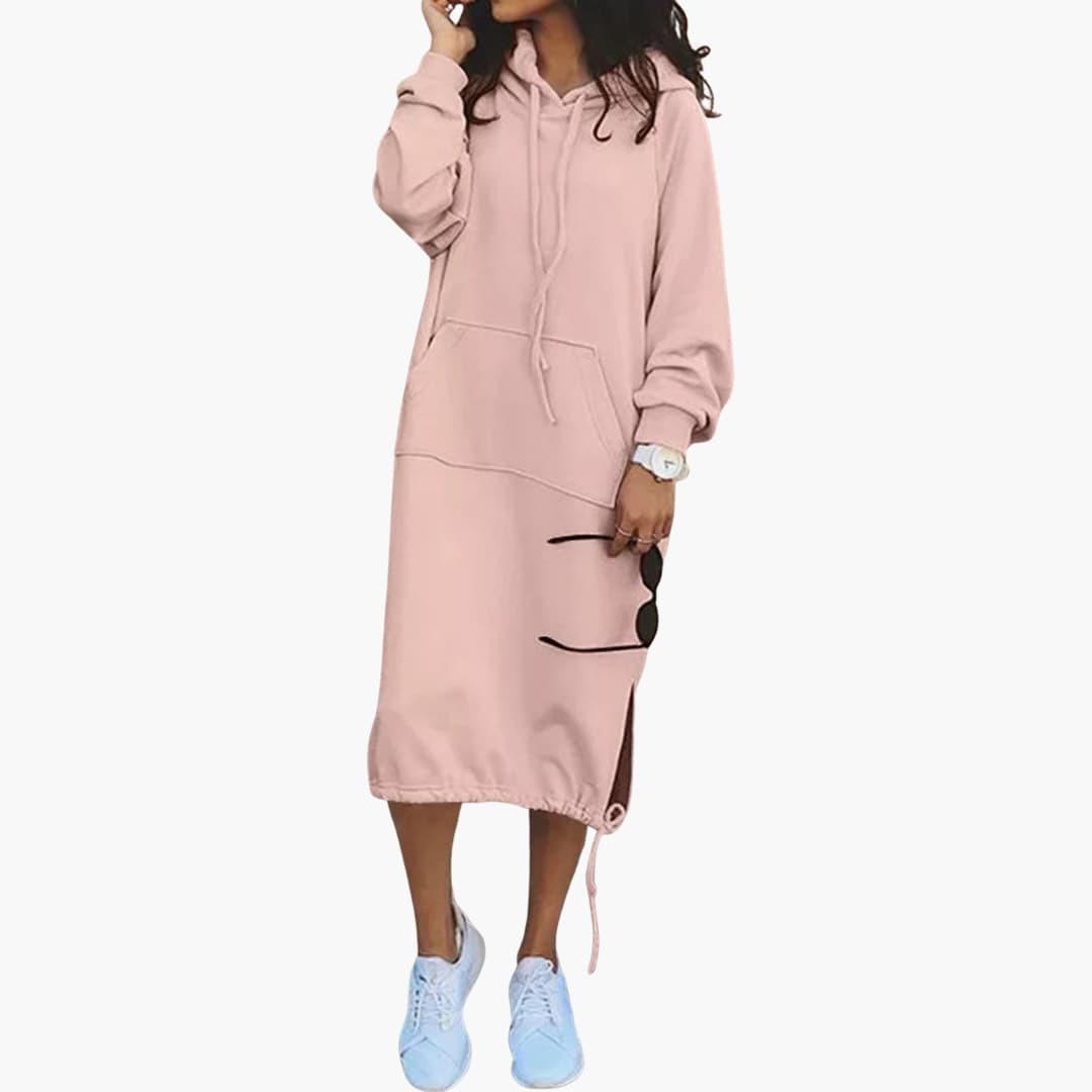 Damen Hoodie Kleid mit langen Ärmeln und Fronttasche 1