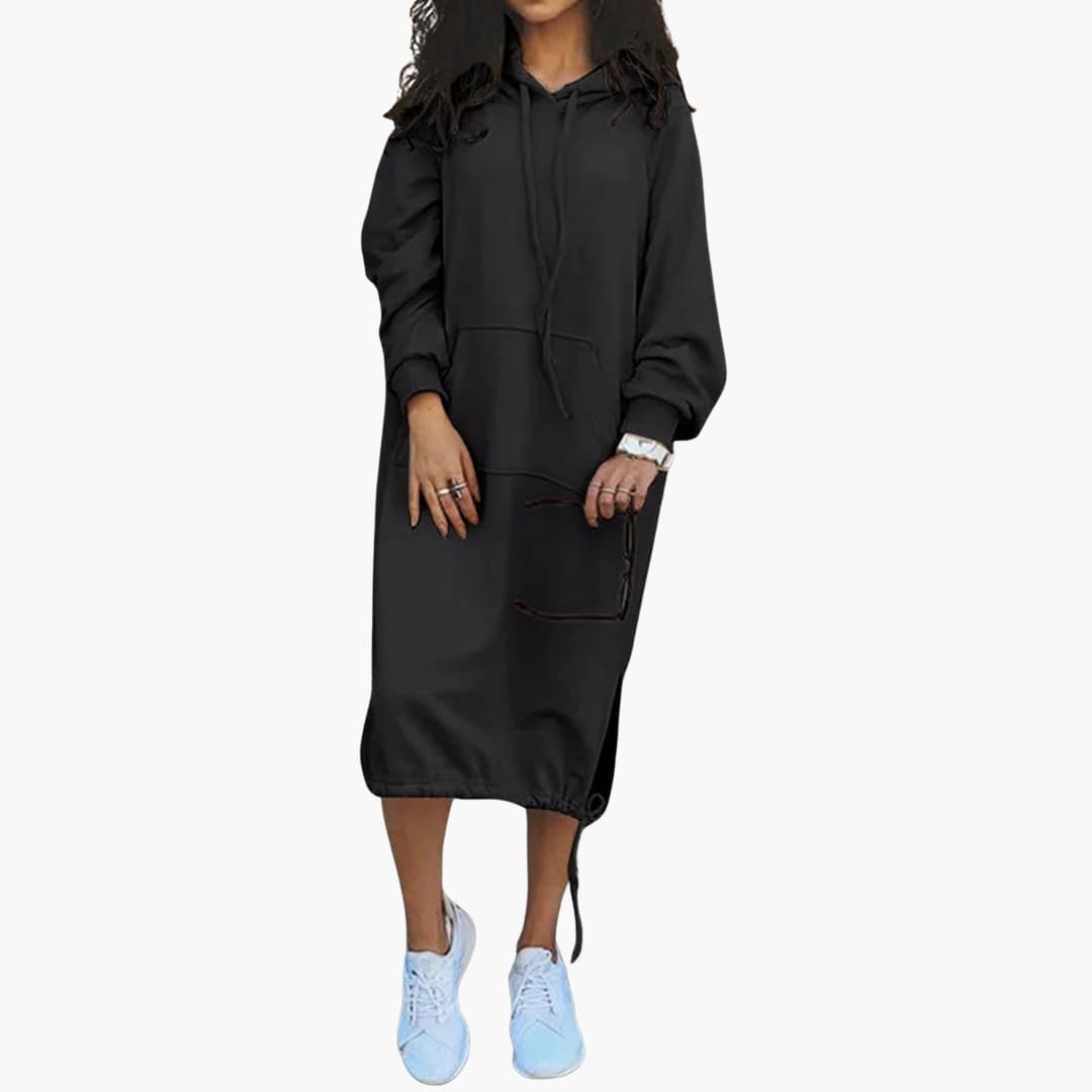 Damen Hoodie Kleid mit langen Ärmeln und Fronttasche 2