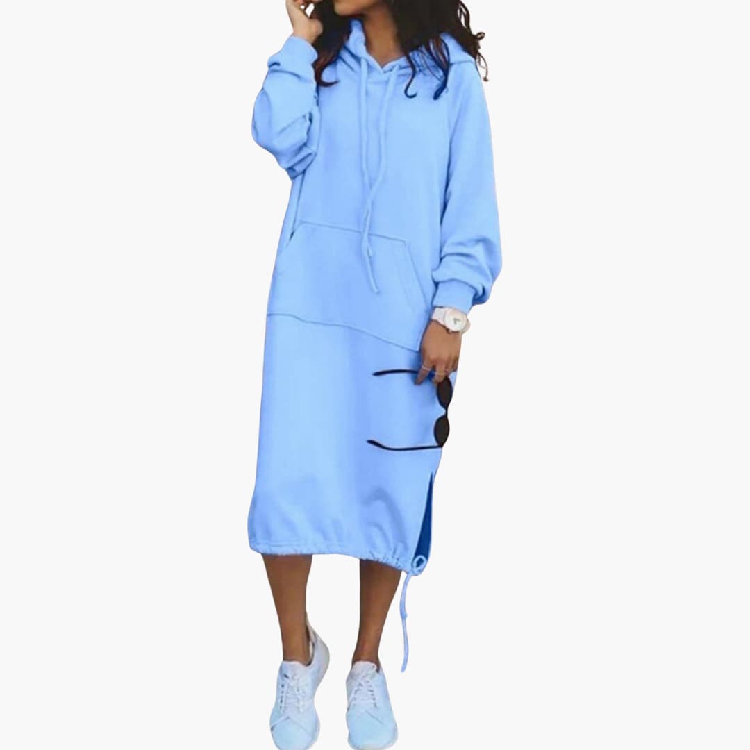 Damen Hoodie Kleid mit langen Ärmeln und Fronttasche 3