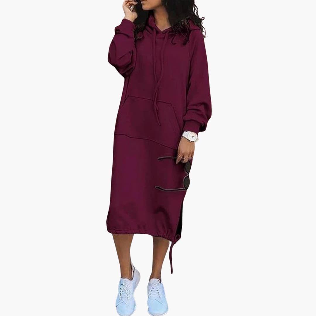 Damen Hoodie Kleid mit langen Ärmeln und Fronttasche 4