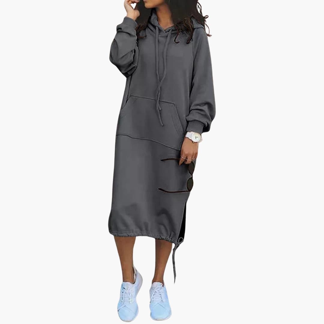 Damen Hoodie Kleid mit langen Ärmeln und Fronttasche 5