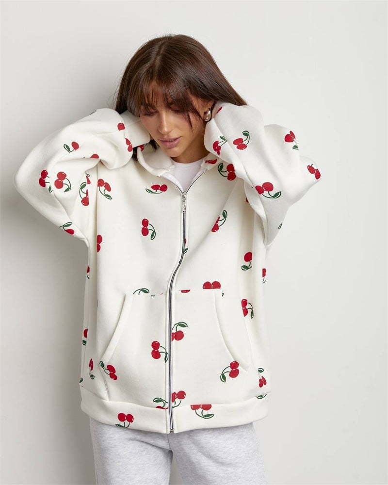 Damen Sweatshirt Kapuze Reißverschluss Kirschmuster