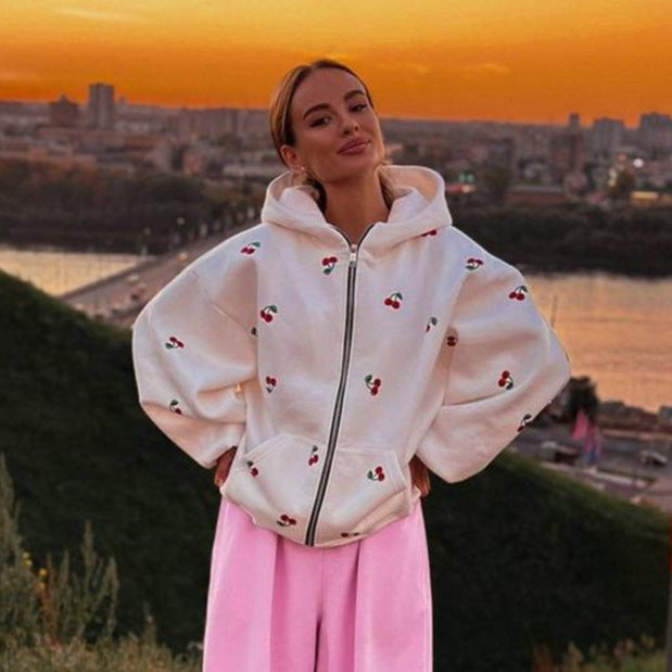 Damen Sweatshirt Kapuze Reißverschluss Kirschmuster