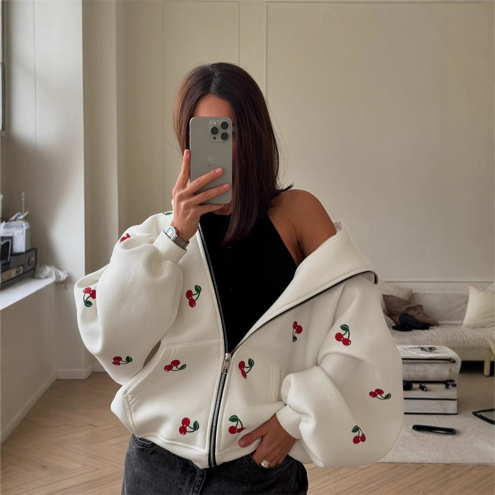 Damen Sweatshirt Kapuze Reißverschluss Kirschmuster - BerlinGlamour
