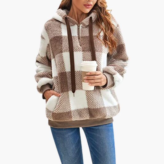 Damen Kapuzenpullover mit Halbreißverschluss und Karomuster 0