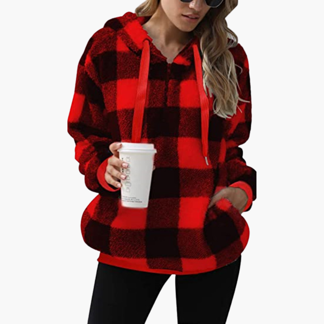 Damen Kapuzenpullover mit Halbreißverschluss und Karomuster 1