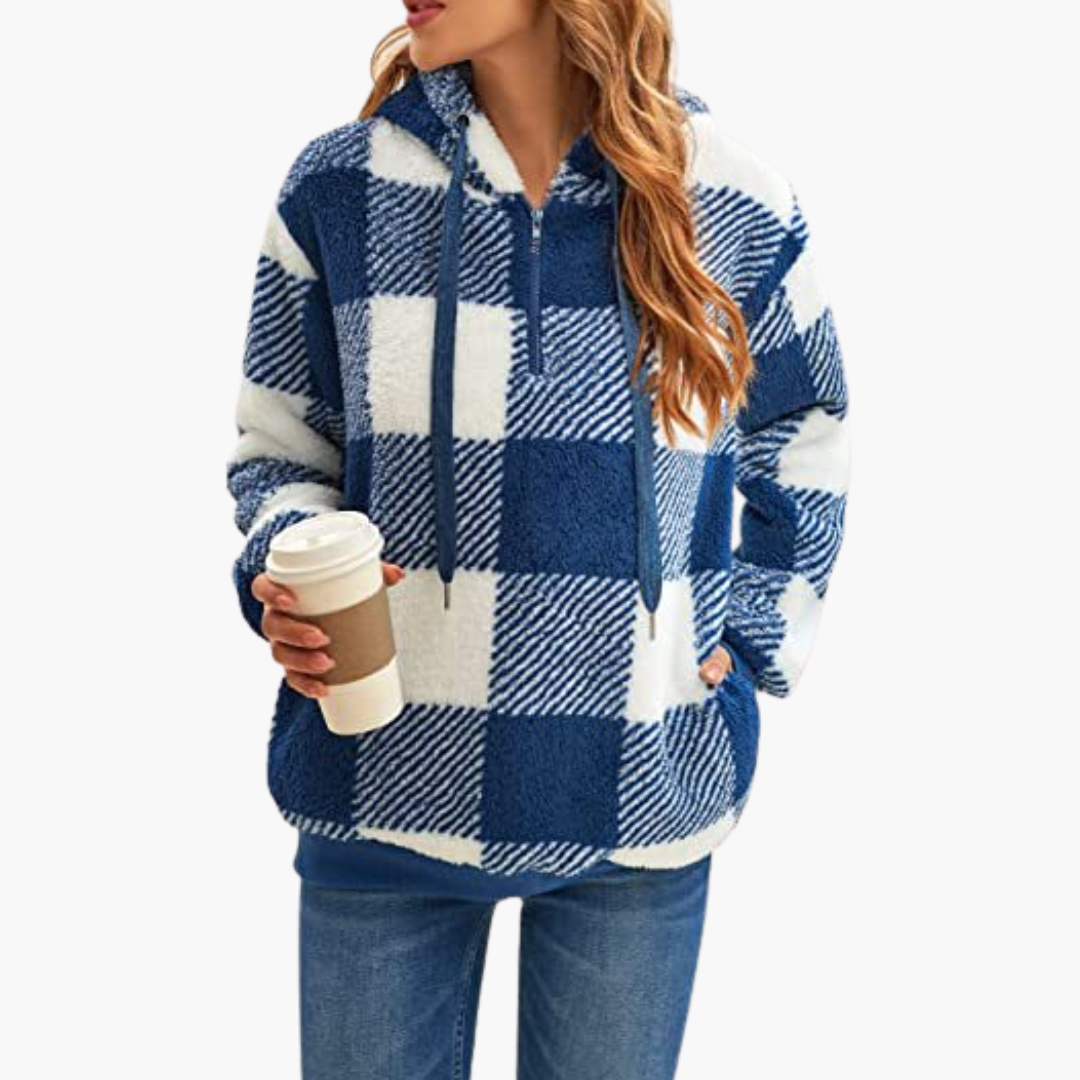 Damen Kapuzenpullover mit Halbreißverschluss und Karomuster 2