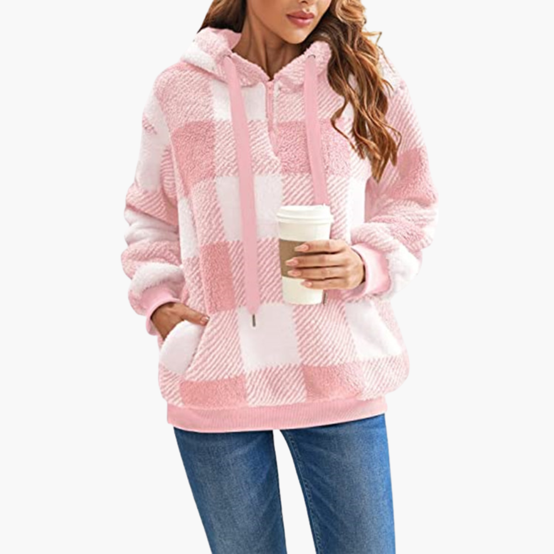 Damen Kapuzenpullover mit Halbreißverschluss und Karomuster 3