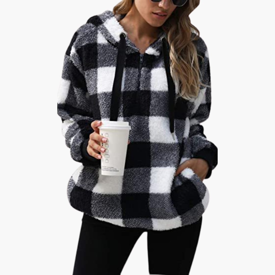 Damen Kapuzenpullover mit Halbreißverschluss und Karomuster 4