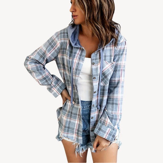 Damen Karierte Button-Down-Hemdjacke mit Kapuze | Loravelle 0