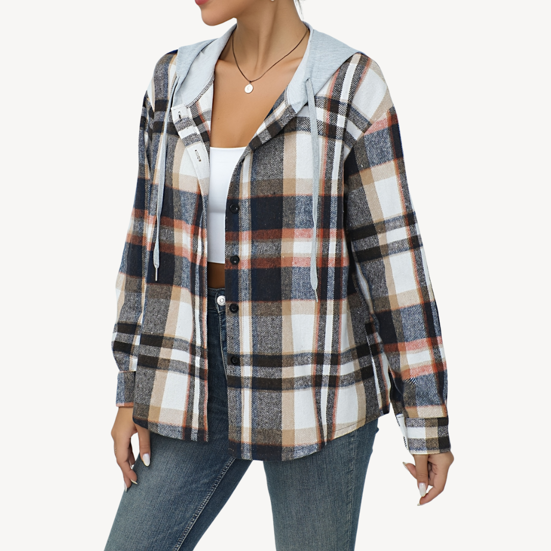 Damen Kariertes Button-Down-Shaket mit Kapuze | Loravelle 0