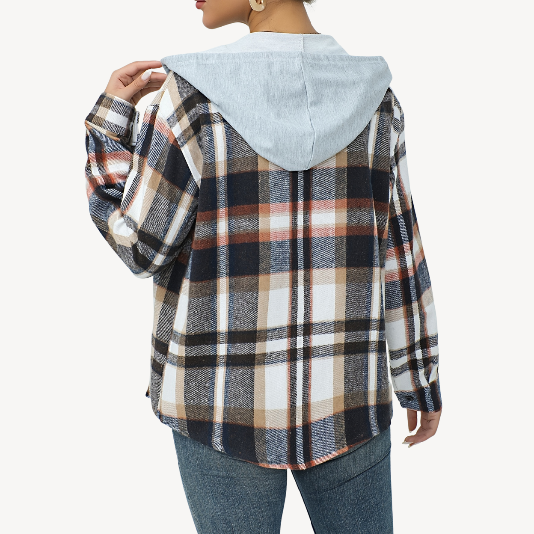 Damen Kariertes Button-Down-Shaket mit Kapuze | Loravelle 2