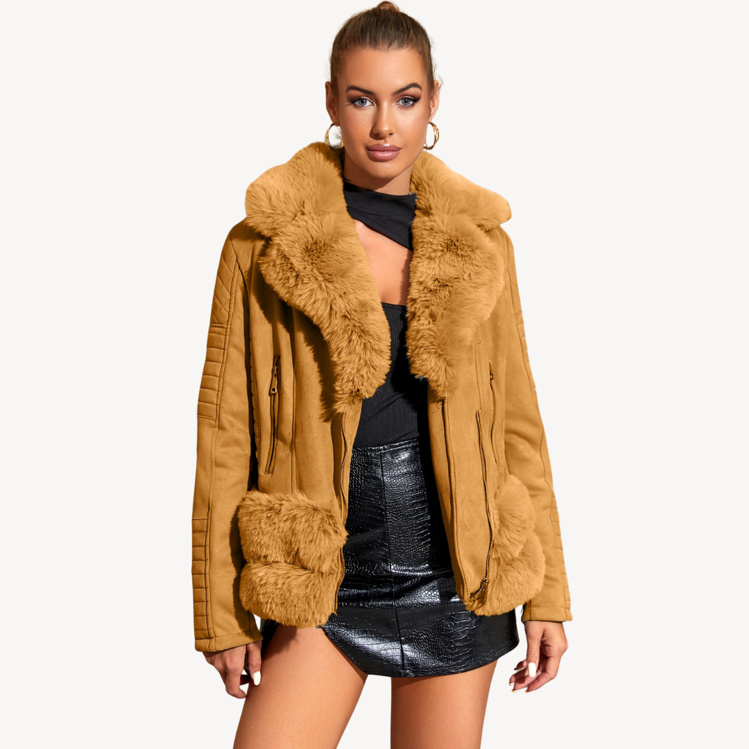 Damen Kunstpelz Shearling Bikerjacke Braun | Loravelle 0