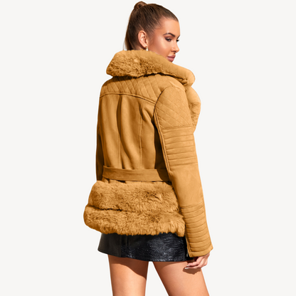 Damen Kunstpelz Shearling Bikerjacke Braun | Loravelle 2