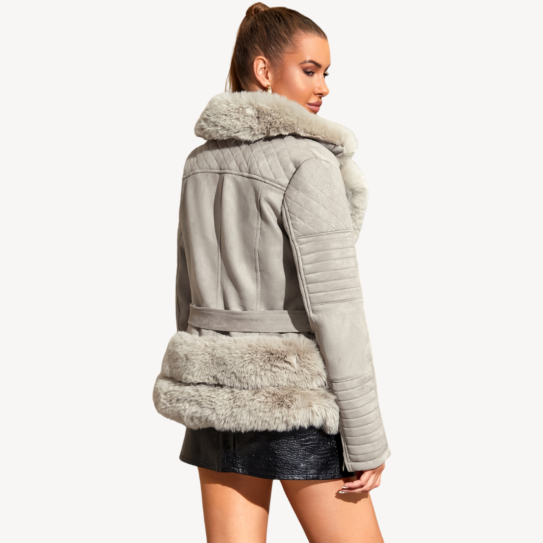 Damen Kunstpelz Shearling Bikerjacke Braun | Loravelle 3