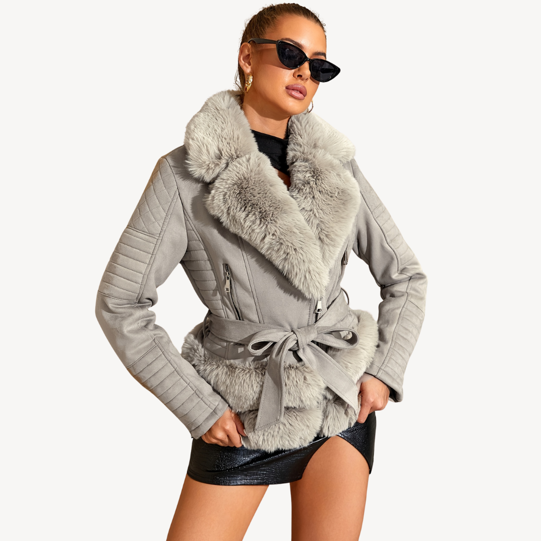 Damen Kunstpelz Shearling Bikerjacke Braun | Loravelle 4