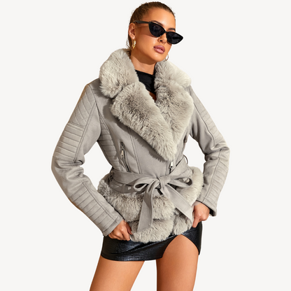 Damen Kunstpelz Shearling Bikerjacke Braun | Loravelle 4