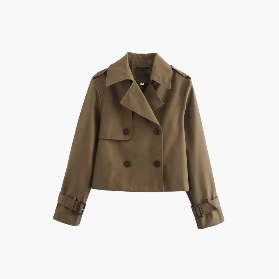 Damen Kurz-Trenchcoat mit doppeltem Frontverschluss und Schnallenmanschetten 2