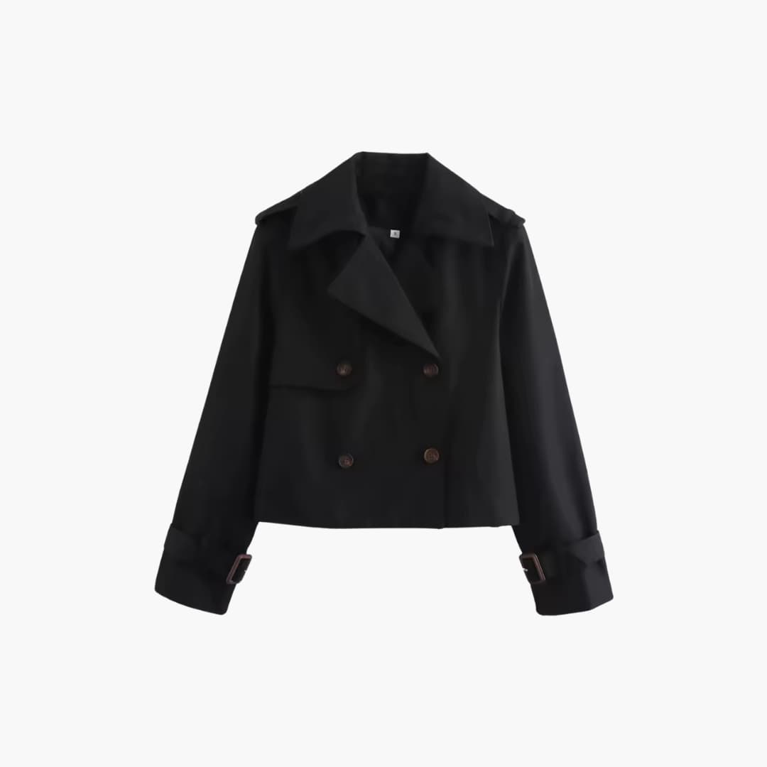 Damen Kurz-Trenchcoat mit doppeltem Frontverschluss und Schnallenmanschetten 3