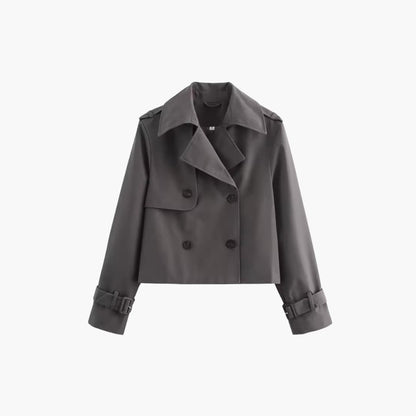 Damen Kurz-Trenchcoat mit doppeltem Frontverschluss und Schnallenmanschetten 4