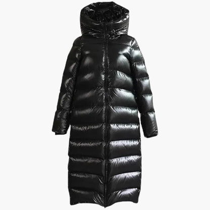 Damen Lange Daunenjacke mit Reißverschluss und Kapuze 0