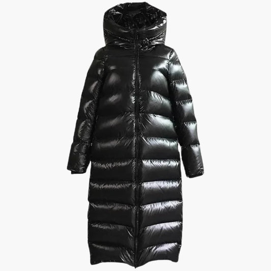 Damen Lange Daunenjacke mit Reißverschluss und Kapuze 0