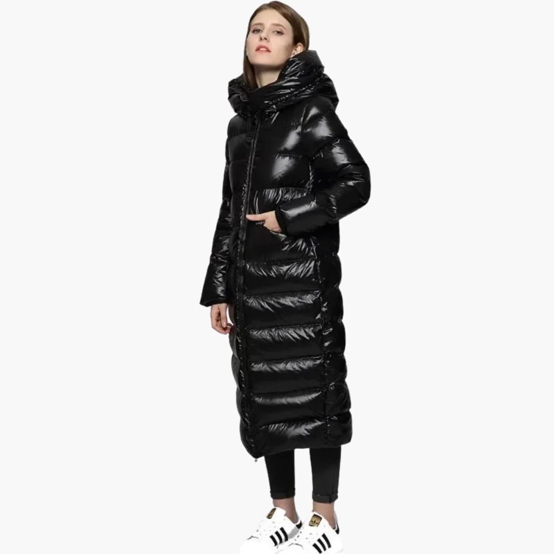 Damen Lange Daunenjacke mit Reißverschluss und Kapuze 1