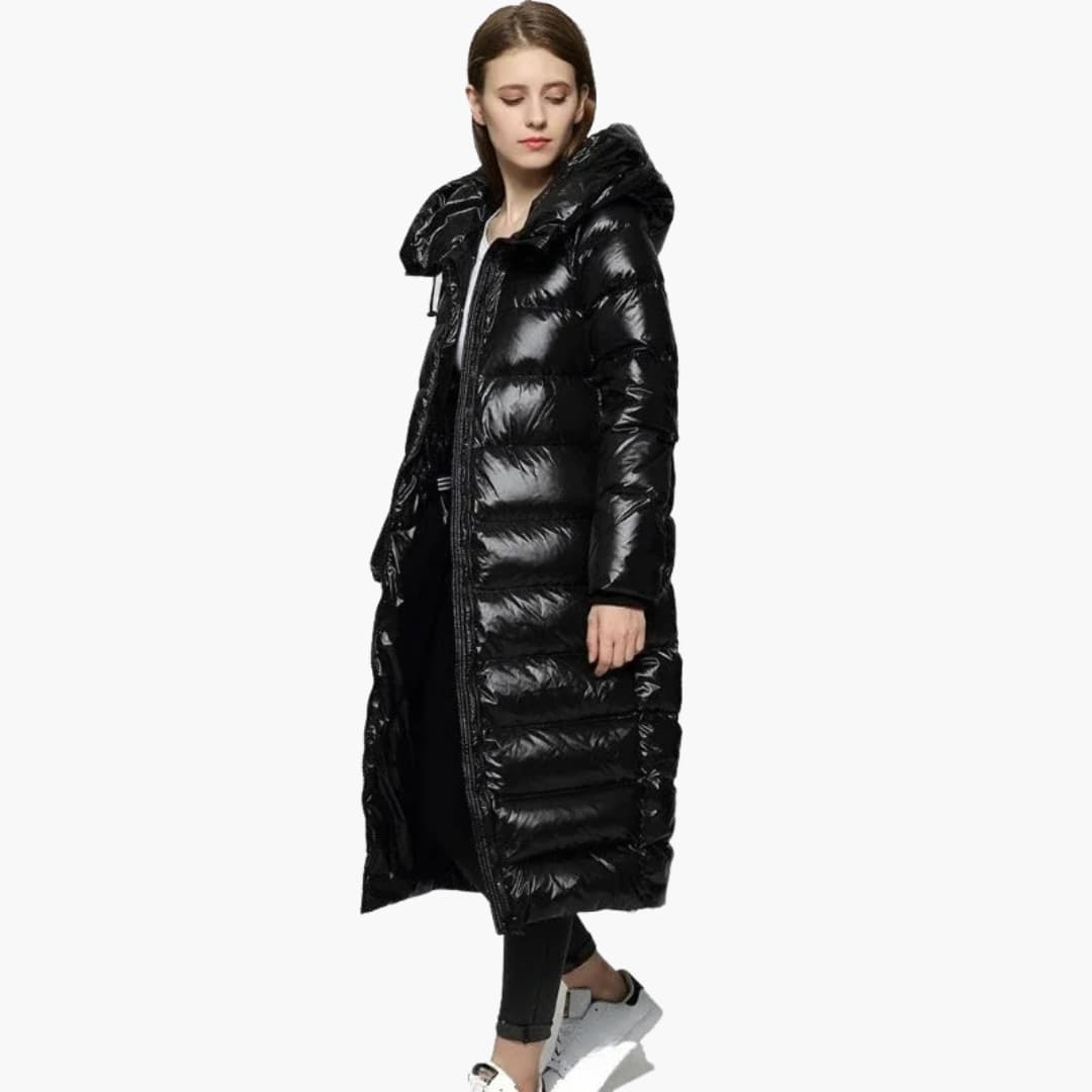 Damen Lange Daunenjacke mit Reißverschluss und Kapuze 2