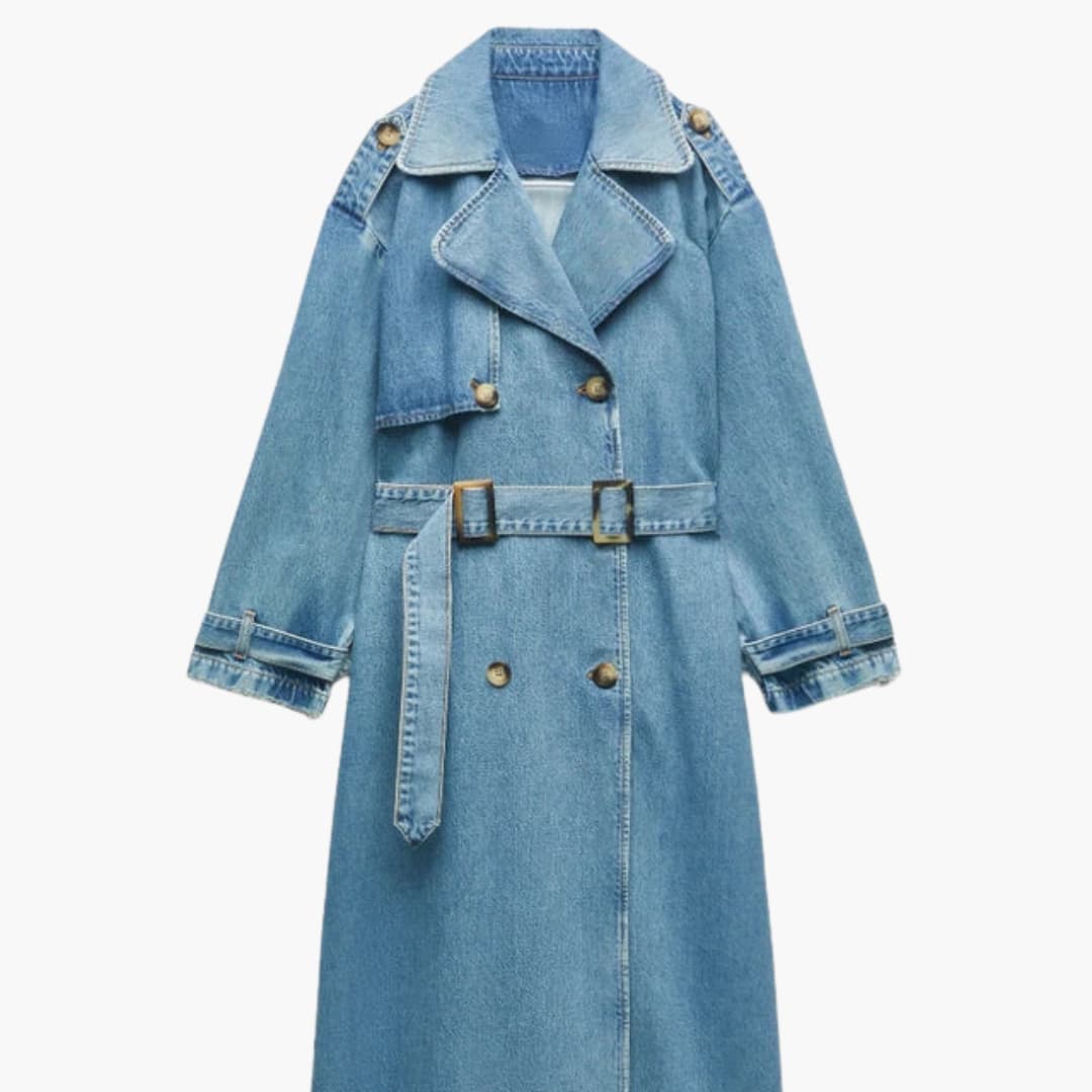 Damen Langer Jeans Trenchcoat mit Gürtel 0