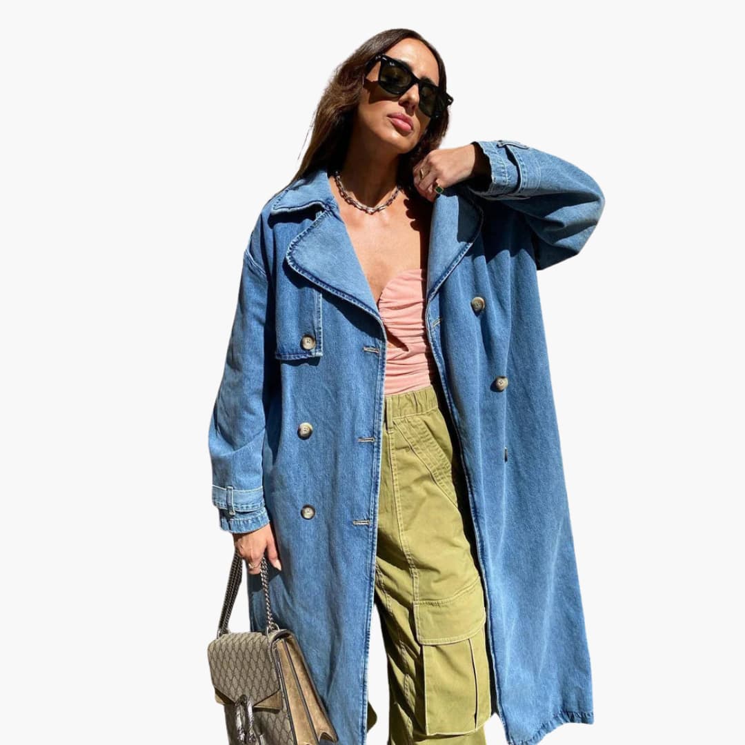 Damen Langer Jeans Trenchcoat mit Gürtel 1